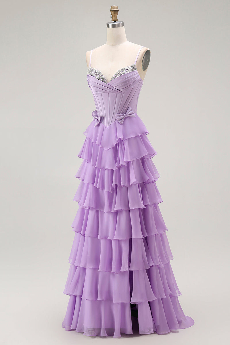 Load image into Gallery viewer, Sparkly Purple Chiffon Tiered A Line Long Corset Prom Dress with Bows