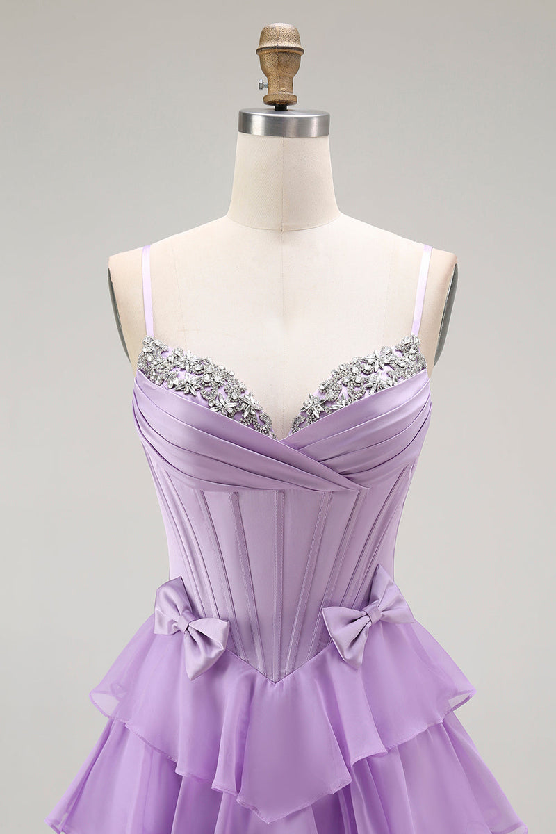 Load image into Gallery viewer, Sparkly Purple Chiffon Tiered A Line Long Corset Prom Dress with Bows