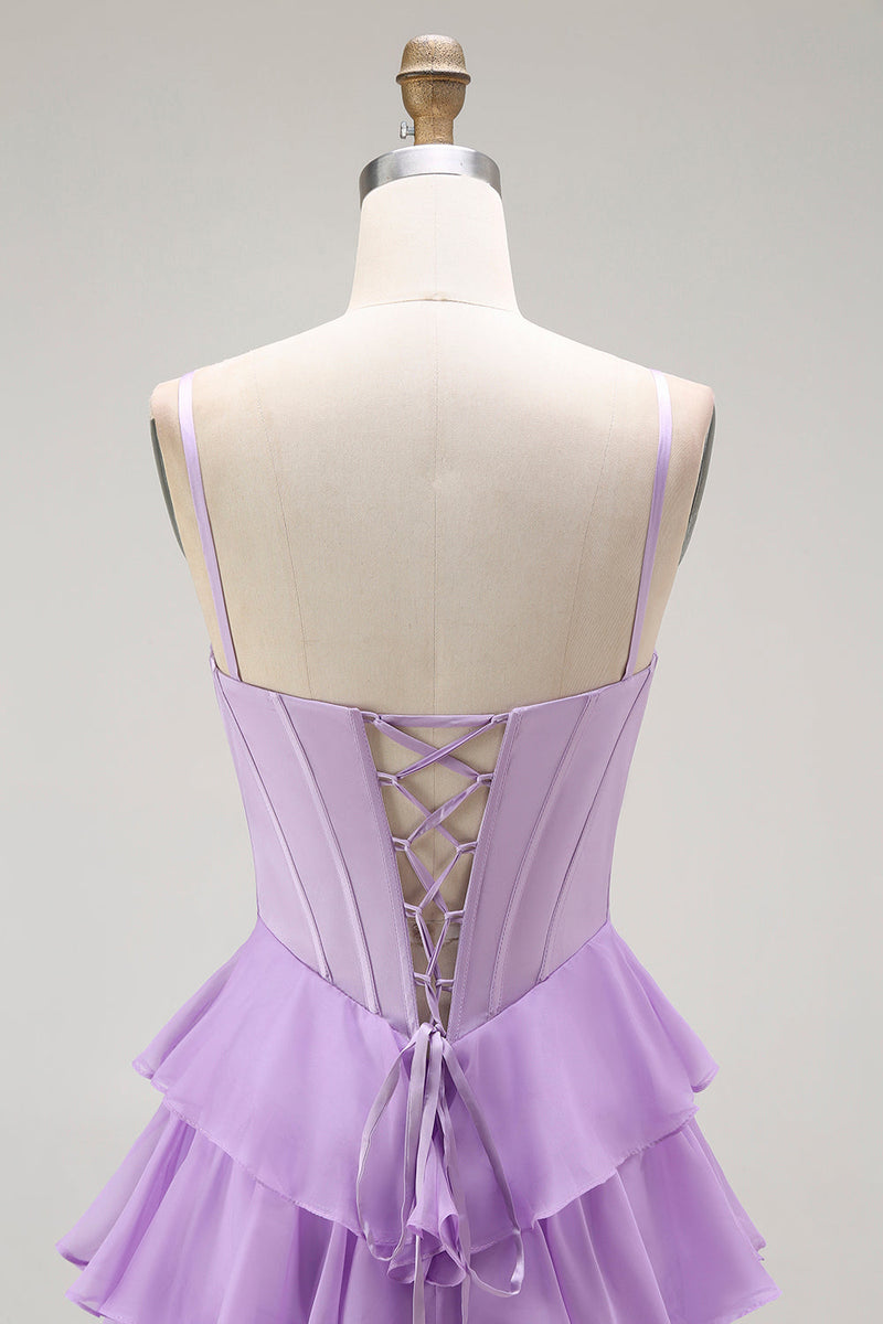 Load image into Gallery viewer, Sparkly Purple Chiffon Tiered A Line Long Corset Prom Dress with Bows
