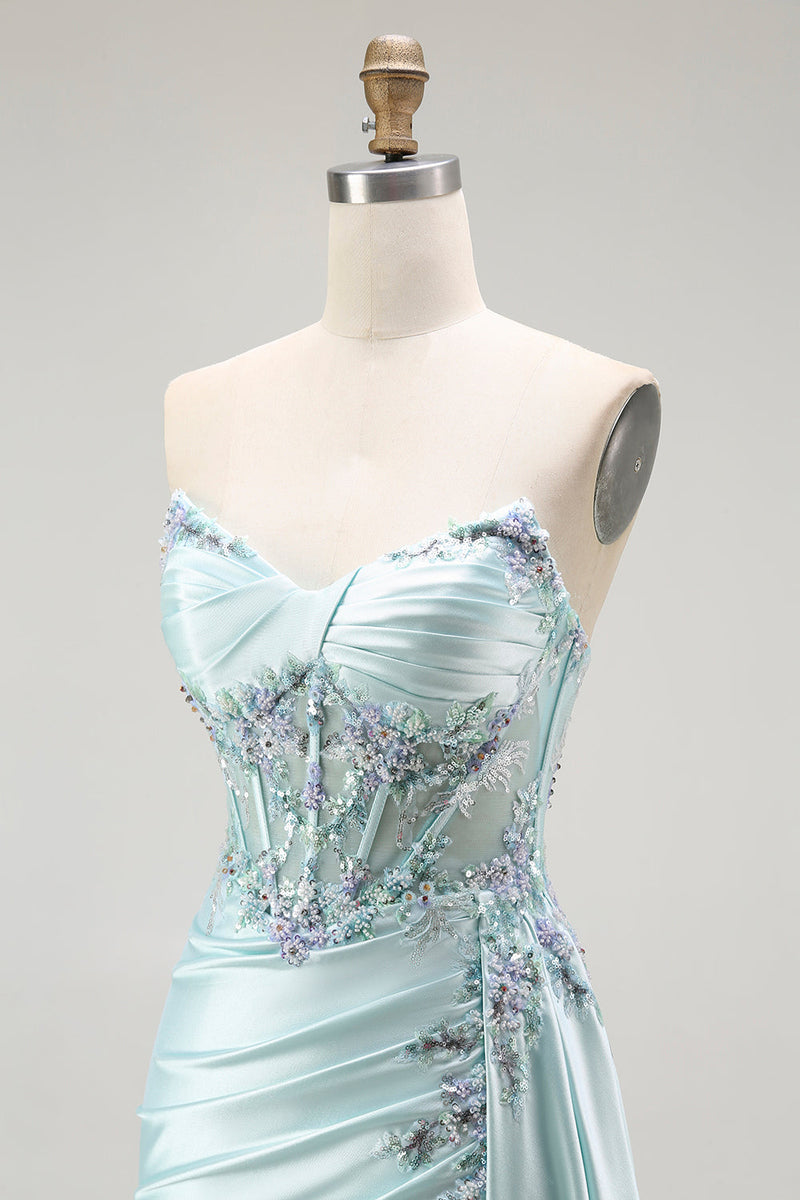 Load image into Gallery viewer, Sparkly Floral Light Green Satin Mermaid Long Corset Prom Dress with Slit