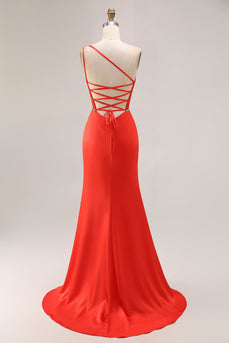 Orange Mermaid One Shoulder Ruched Long Prom Dress with Slit