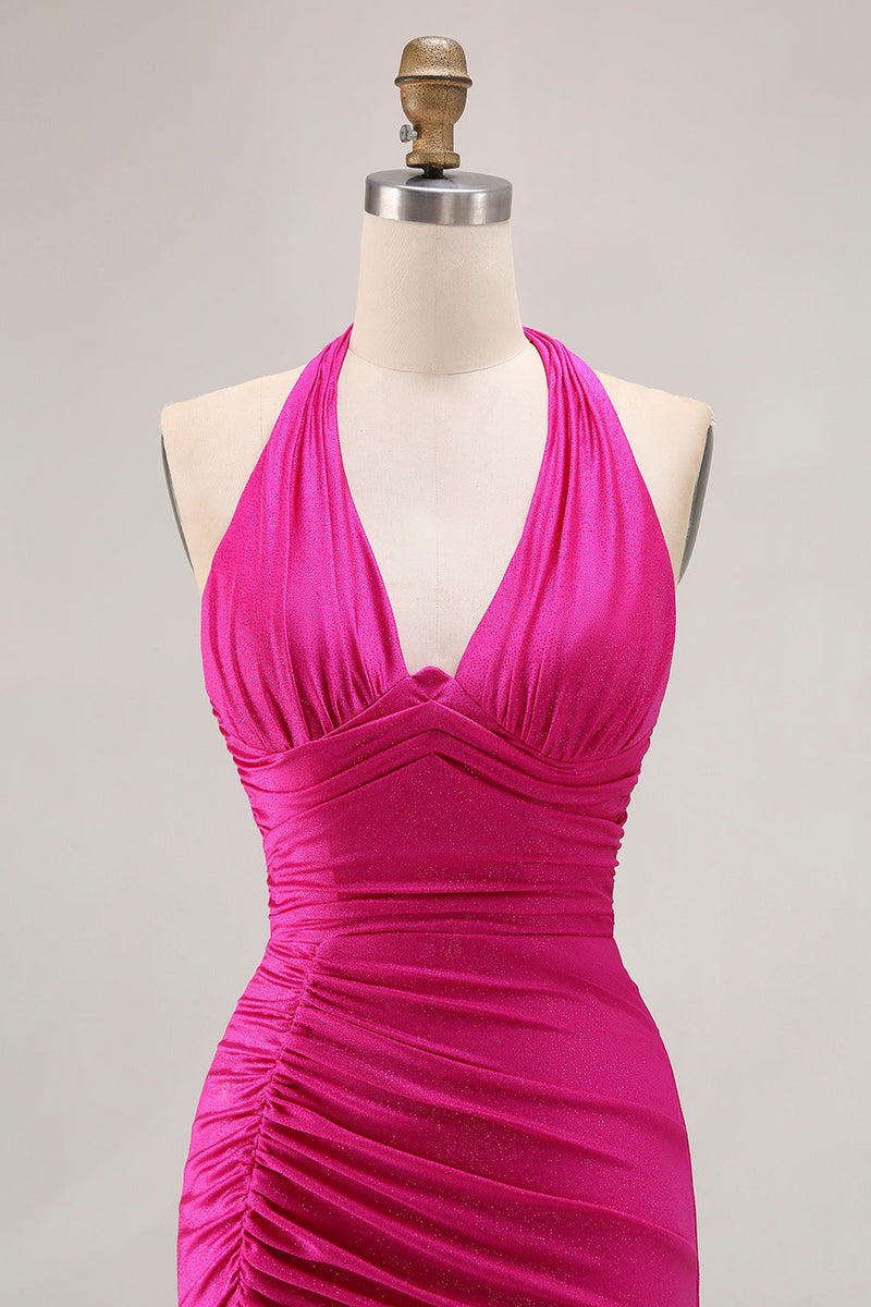 Load image into Gallery viewer, Glitter Fuchsia Mermaid Ruched Halter Long Prom Dress with Slit