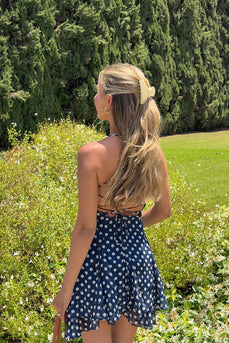 Navy Polka Dots A Line Tiered Mini Dress with Ruffles