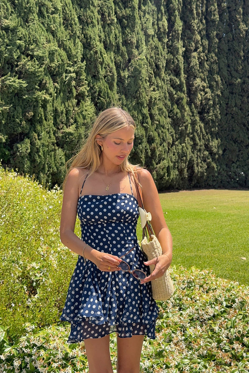 Load image into Gallery viewer, Navy Polka Dots A Line Tiered Mini Dress with Ruffles