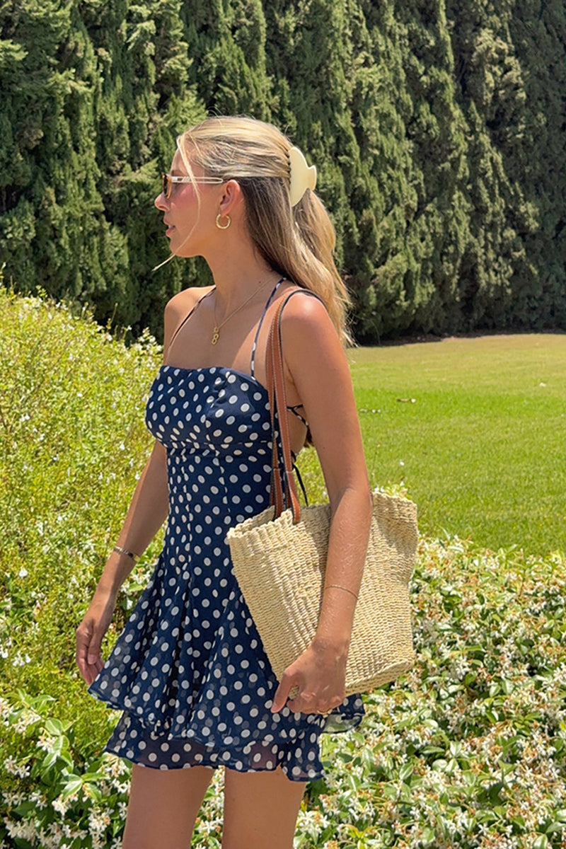 Load image into Gallery viewer, Navy Polka Dots A Line Tiered Mini Dress with Ruffles