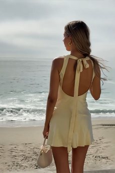 Yellow V-Neck Bodycon Mini Dress with Sash