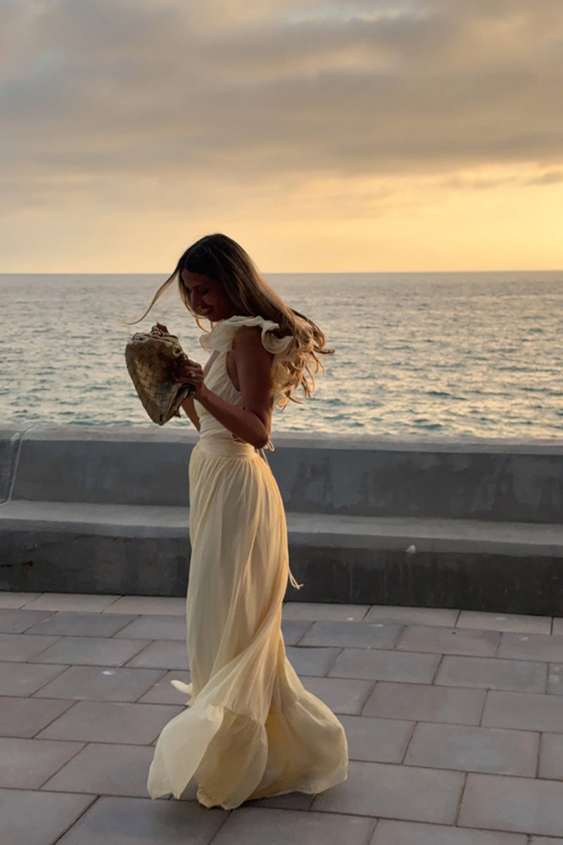 Load image into Gallery viewer, Yellow V-Neck A Line Maxi Wedding Guest Dress with Ruffles