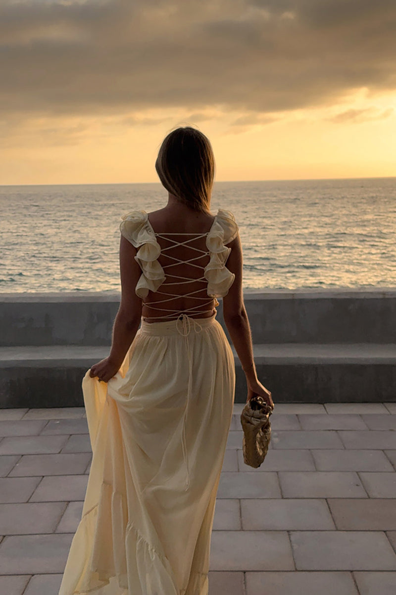 Load image into Gallery viewer, Yellow V-Neck A Line Maxi Wedding Guest Dress with Ruffles