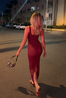 Burgundy Scoop Neck Sheath Maxi Wedding Guest Dress with Slit