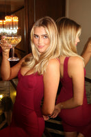 Load image into Gallery viewer, Burgundy Scoop Neck Sheath Maxi Wedding Guest Dress with Slit