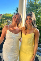 Load image into Gallery viewer, Yellow Sheath Spaghetti Straps Backless Maxi Wedding Guest Dress