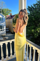 Load image into Gallery viewer, Yellow Sheath Spaghetti Straps Backless Maxi Wedding Guest Dress