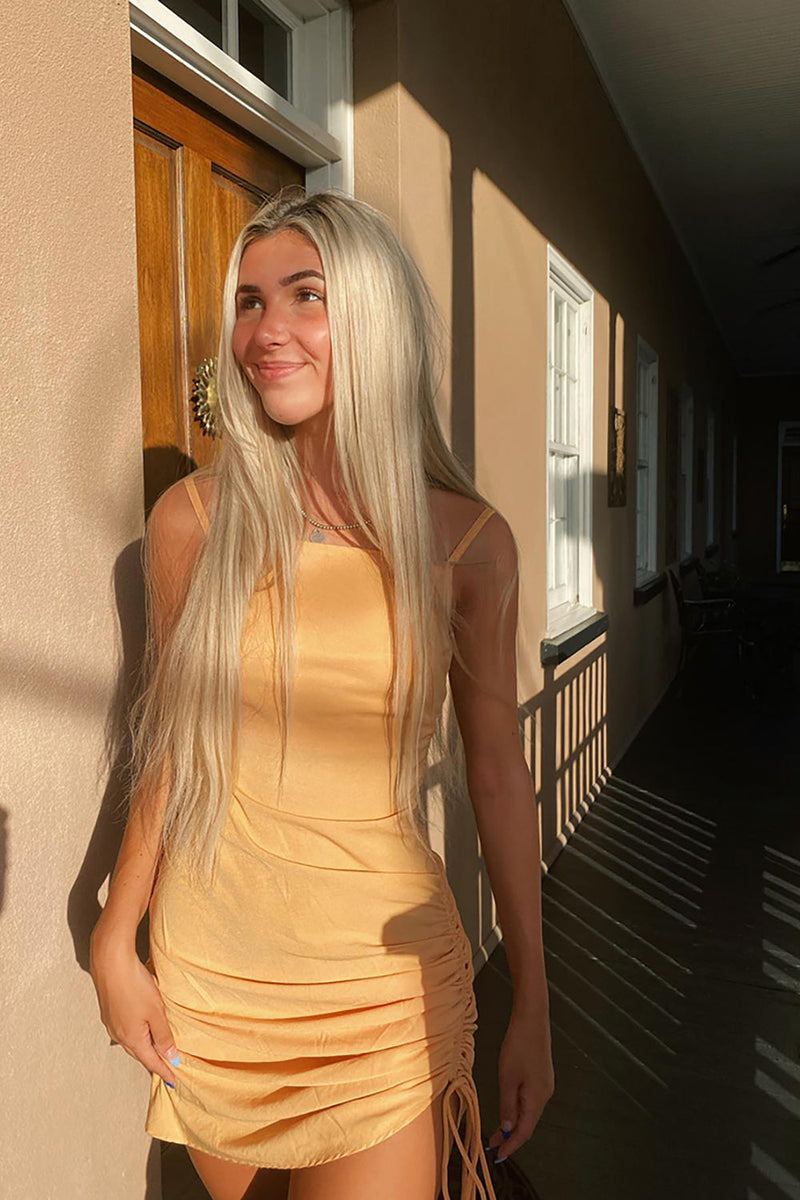 Load image into Gallery viewer, Yellow Bodycon Ruched Spaghetti Straps Mini Dress