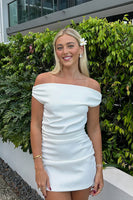 Load image into Gallery viewer, White Bodycon Ruched Off The Shoulder Mini Dress