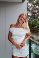 Load image into Gallery viewer, White Bodycon Ruched Off The Shoulder Mini Dress