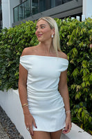 Load image into Gallery viewer, White Bodycon Ruched Off The Shoulder Mini Dress