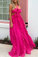 Load image into Gallery viewer, Fuchsia Cut Out Halter A Line Long Prom Dress with Ruffles