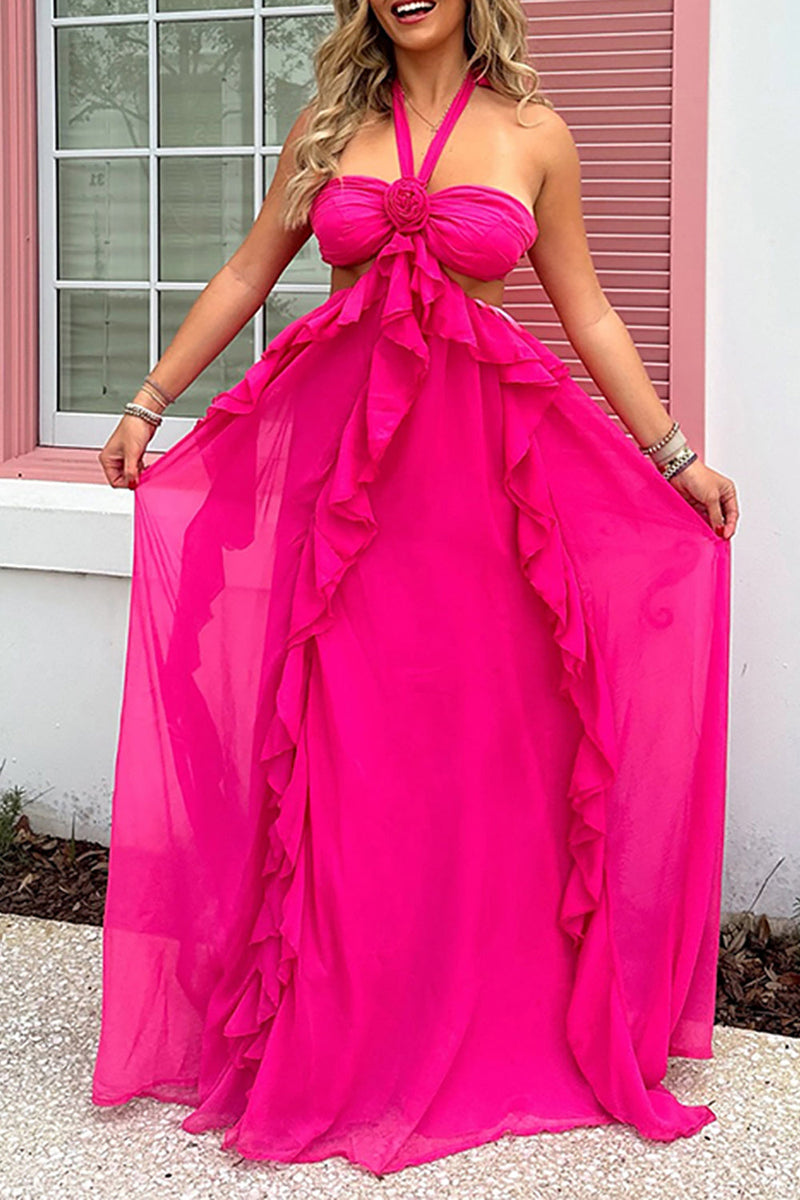 Load image into Gallery viewer, Fuchsia Cut Out Halter A Line Long Prom Dress with Ruffles