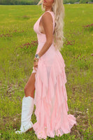 Load image into Gallery viewer, Pink A Line Chiffon V-Neck High-Low Graduation Dress with Ruffles