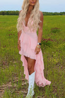 Load image into Gallery viewer, Pink A Line Chiffon V-Neck High-Low Graduation Dress with Ruffles