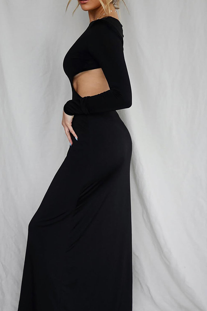 Load image into Gallery viewer, Black Sheath Cut Out Round Neck Long Sleeves Prom Dress