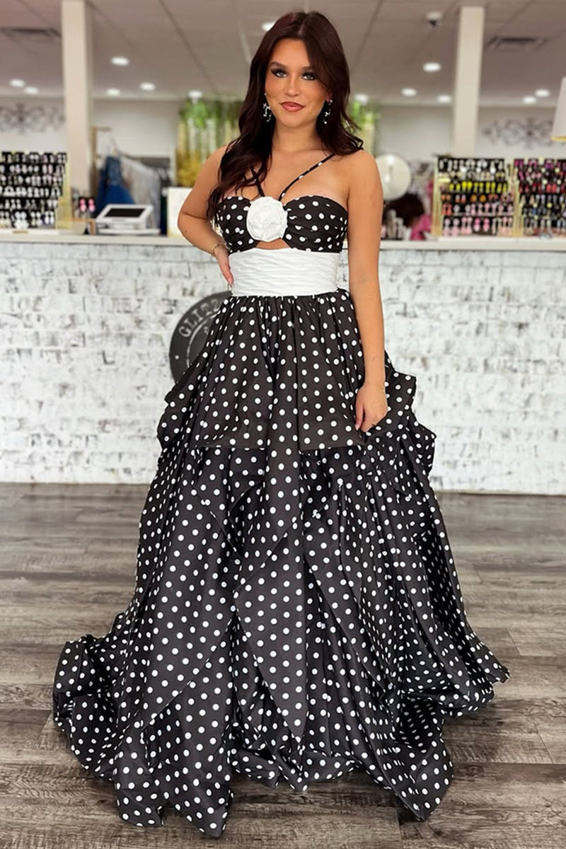Load image into Gallery viewer, Floral Black and White Dot Halter A Line Long Prom Dress with Ruffles