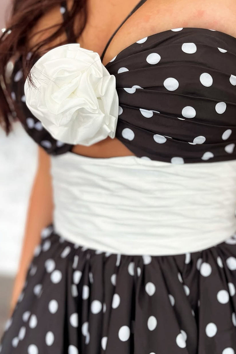 Load image into Gallery viewer, Floral Black and White Dot Halter A Line Long Prom Dress with Ruffles