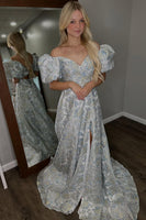 Load image into Gallery viewer, Floral Grey Blue A Line Off the Shoulder Long Prom Dress with Sleeves