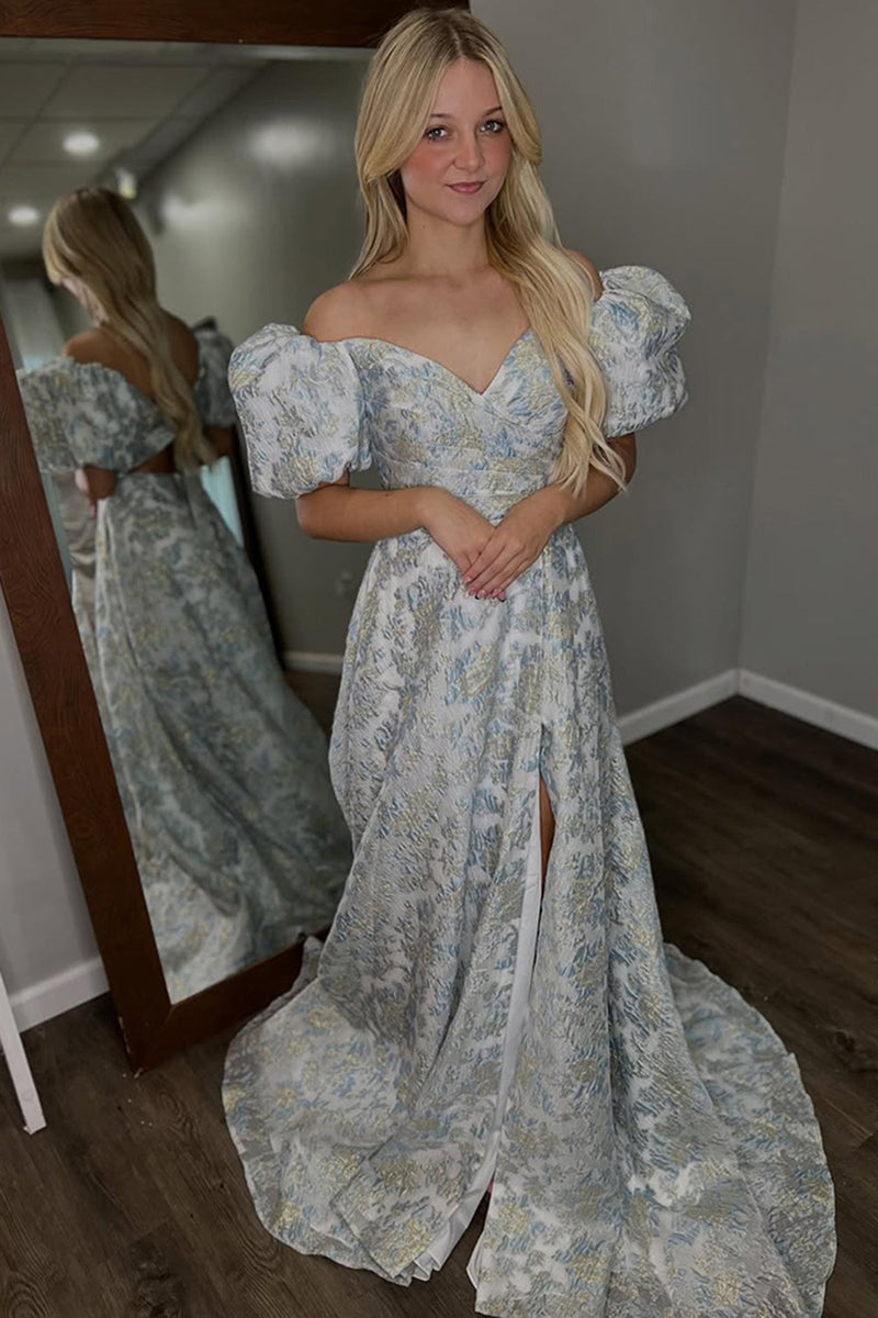 Load image into Gallery viewer, Floral Grey Blue A Line Off the Shoulder Long Prom Dress with Sleeves