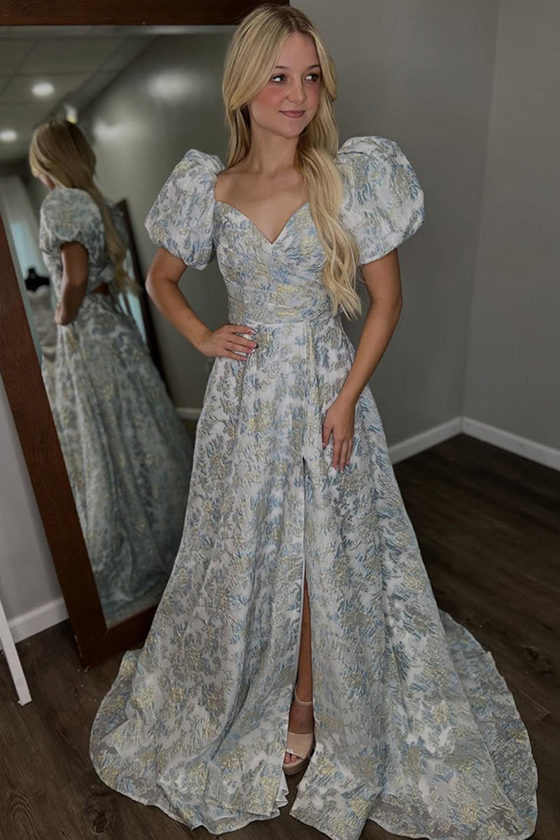 Load image into Gallery viewer, Floral Grey Blue A Line Off the Shoulder Long Prom Dress with Sleeves