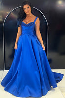 Load image into Gallery viewer, Sparkly Royal Blue Satin A Line Thick Straps Long Prom Dress with Beading