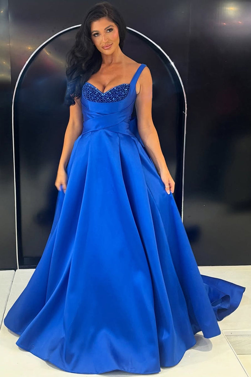 Load image into Gallery viewer, Sparkly Royal Blue Satin A Line Thick Straps Long Prom Dress with Beading