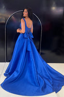 Load image into Gallery viewer, Sparkly Royal Blue Satin A Line Thick Straps Long Prom Dress with Beading