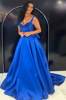Load image into Gallery viewer, Sparkly Royal Blue Satin A Line Thick Straps Long Prom Dress with Beading