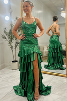Load image into Gallery viewer, Sparkly Dark Green Metallic Ruffled Tiered Long Prom Dress with Slit