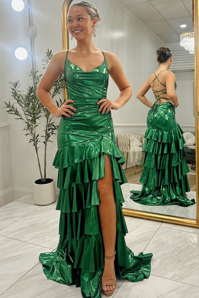 Load image into Gallery viewer, Sparkly Dark Green Metallic Ruffled Tiered Long Prom Dress with Slit