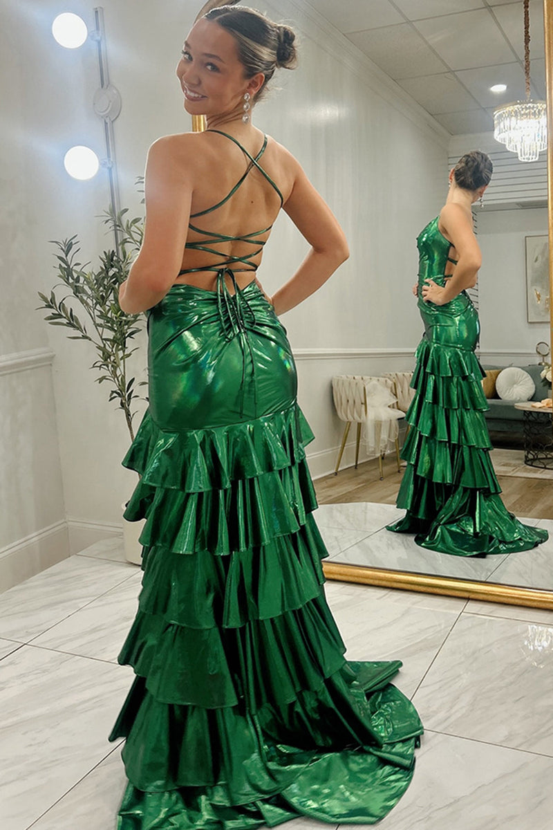 Load image into Gallery viewer, Sparkly Dark Green Metallic Ruffled Tiered Long Prom Dress with Slit