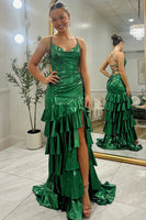 Load image into Gallery viewer, Sparkly Dark Green Metallic Ruffled Tiered Long Prom Dress with Slit