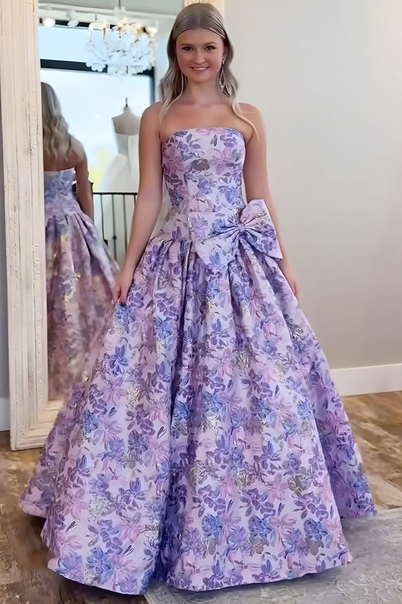 Load image into Gallery viewer, Floral Purple A Line Strapless Long Prom Dress with Bow