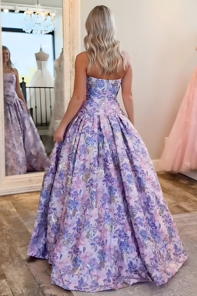 Load image into Gallery viewer, Floral Purple A Line Strapless Long Prom Dress with Bow