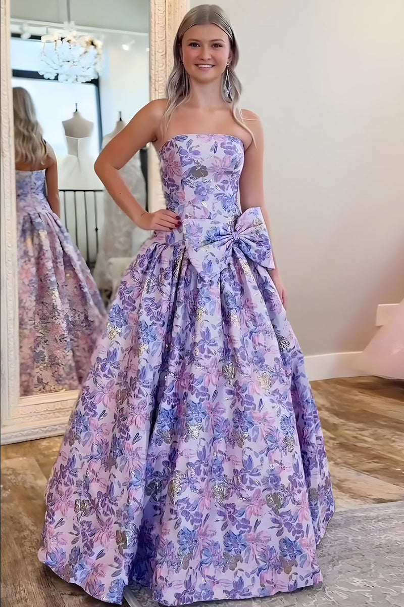 Load image into Gallery viewer, Floral Purple A Line Strapless Long Prom Dress with Bow