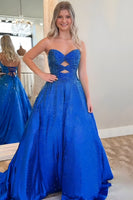 Load image into Gallery viewer, Sparkly Royal Blue Satin Cut Out Sweetheart Long Prom Dress with Beading