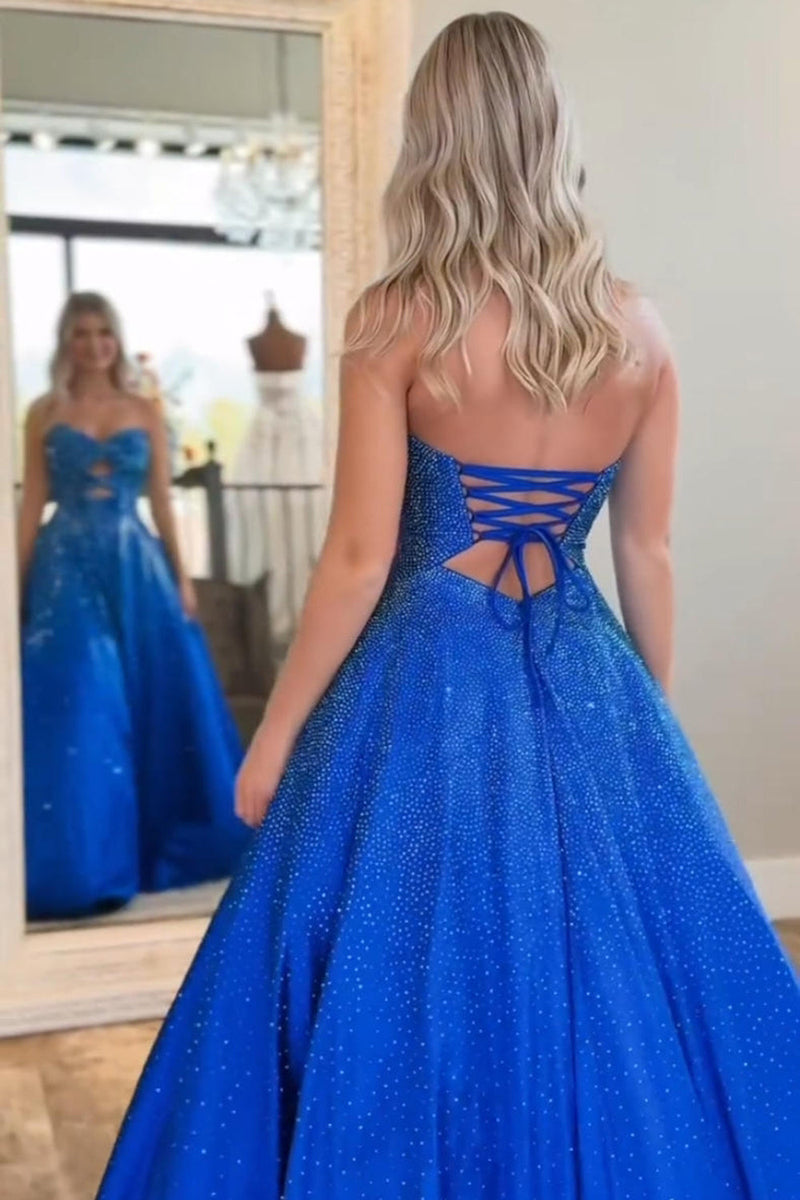 Load image into Gallery viewer, Sparkly Royal Blue Satin Cut Out Sweetheart Long Prom Dress with Beading