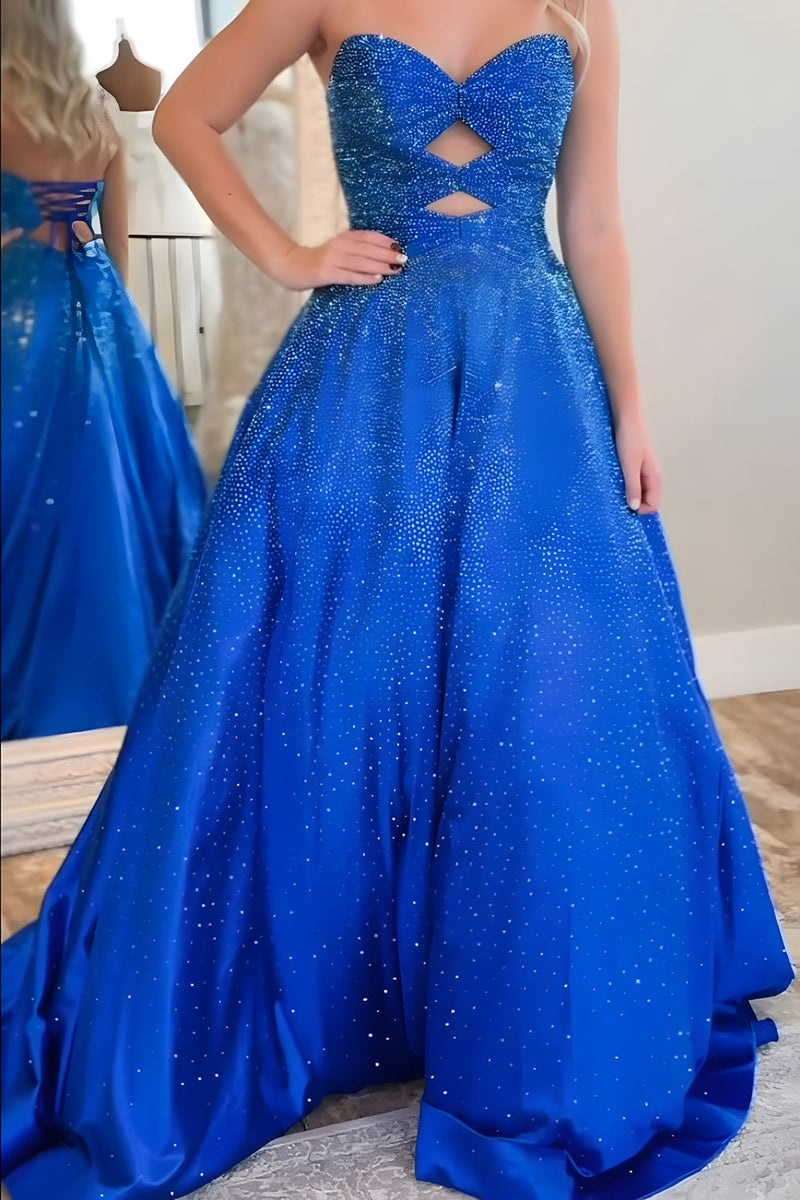 Load image into Gallery viewer, Sparkly Royal Blue Satin Cut Out Sweetheart Long Prom Dress with Beading