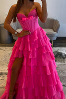 Load image into Gallery viewer, Fuchsia Tiered Chiffon A Line Long Corset Prom Dress with Slit