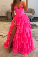 Load image into Gallery viewer, Fuchsia Tiered Chiffon A Line Long Corset Prom Dress with Slit