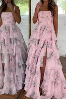 Load image into Gallery viewer, Floral Pink Tiered A Line Spaghetti Straps Long Prom Dress with Slit