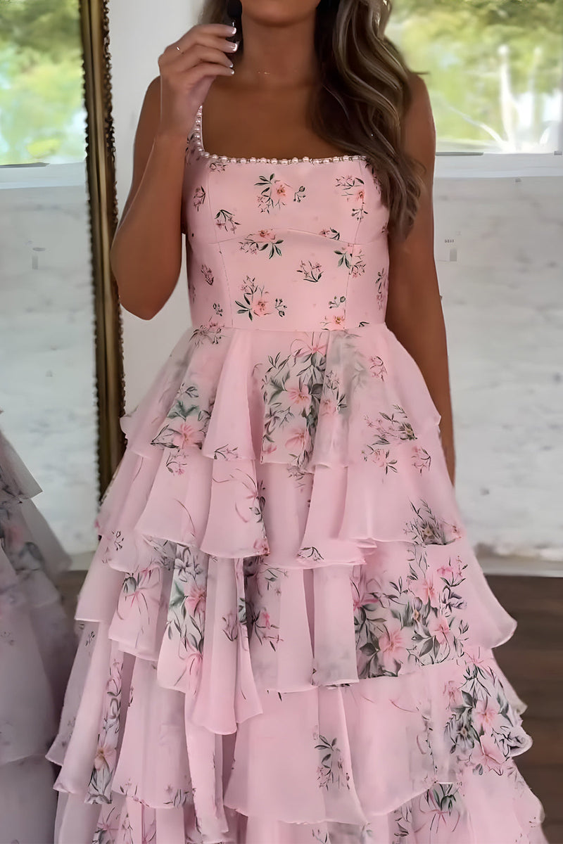 Load image into Gallery viewer, Floral Pink Tiered A Line Spaghetti Straps Long Prom Dress with Slit