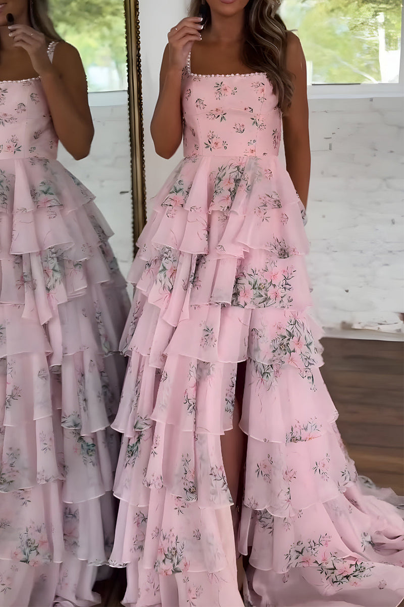 Load image into Gallery viewer, Floral Pink Tiered A Line Spaghetti Straps Long Prom Dress with Slit