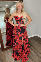 Load image into Gallery viewer, Floral Black Red A Line Tiered Strapless Long Corset Prom Dress with Slit